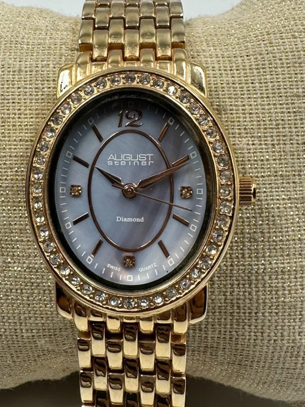 August Steiner Watch Women Gold Tone Blue Mother of Pearl Dial New Battery